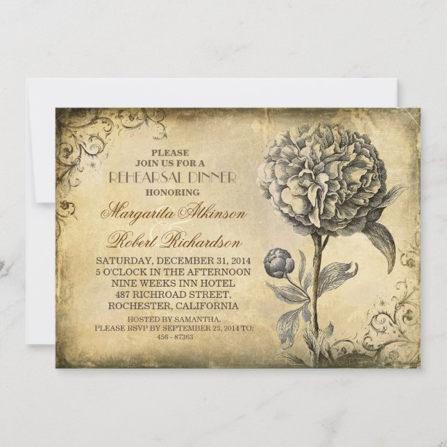 Dîner de répétition vintage invitations avec fleur (Devant)