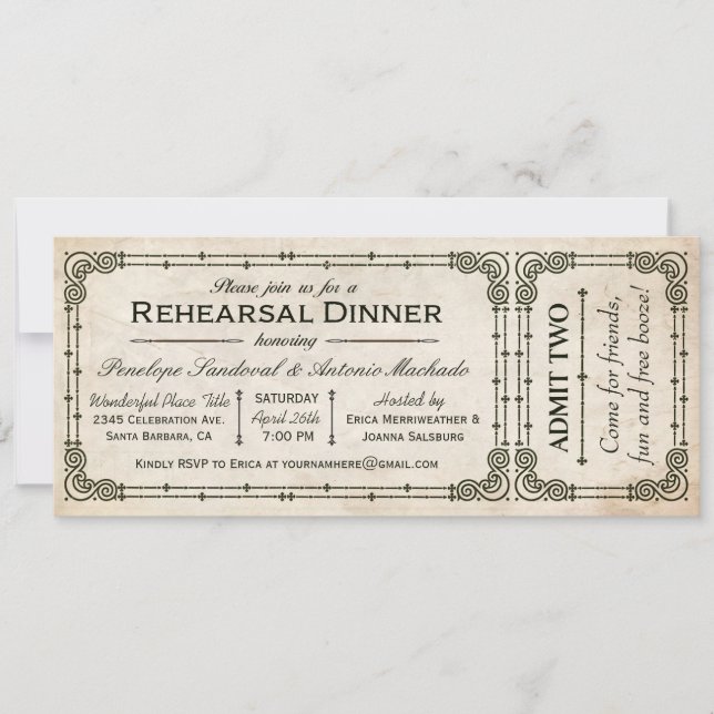 Dîner de répétition vintage Invitations de billets (Devant)