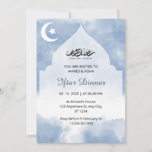 Dîner Iftar invitation ramadan aquarelle bleu