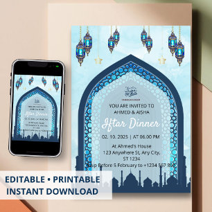 Dîner Iftar invitation ramadan aquarelle mosquée