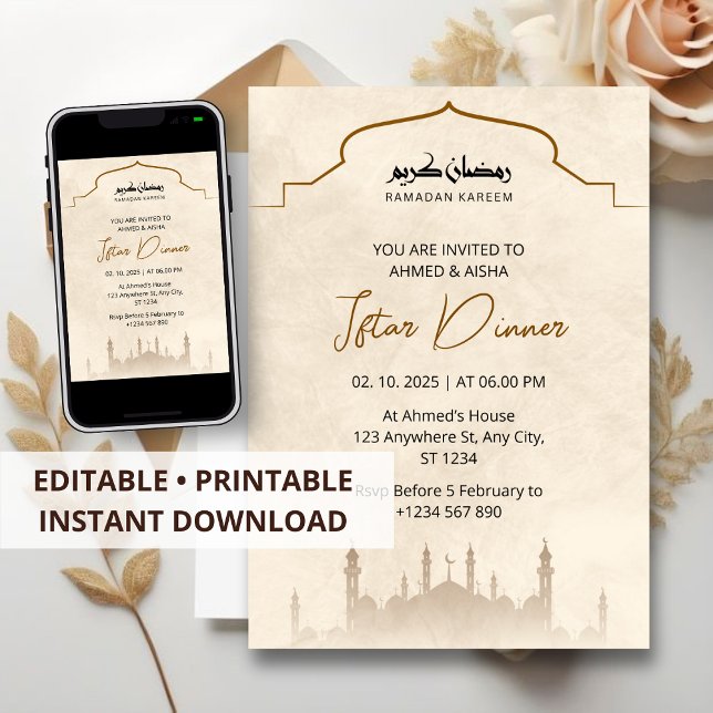 Dîner Iftar invitation ramadan aquarelle mosquée (Créateur téléchargé)