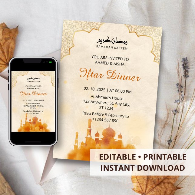 Dîner Iftar invitation ramadan aquarelle mosquée (Créateur téléchargé)