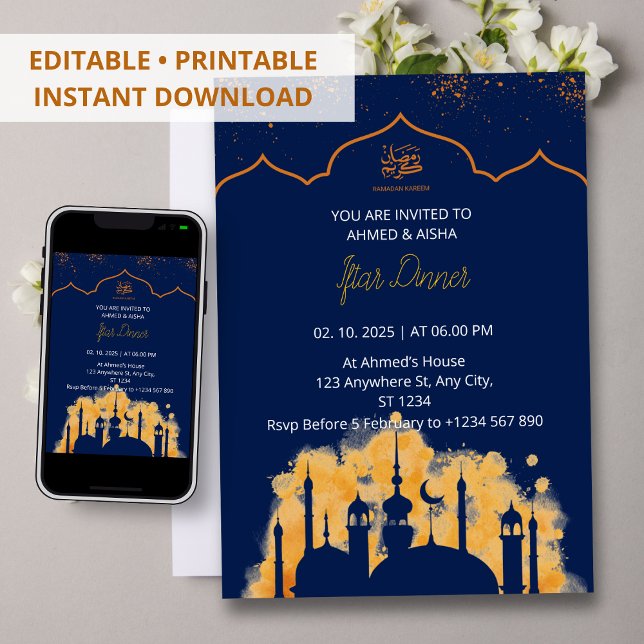 Dîner Iftar invitation ramadan aquarelle mosquée (Créateur téléchargé)