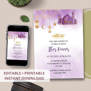 Dîner Iftar invitation ramadan aquarelle mosquée