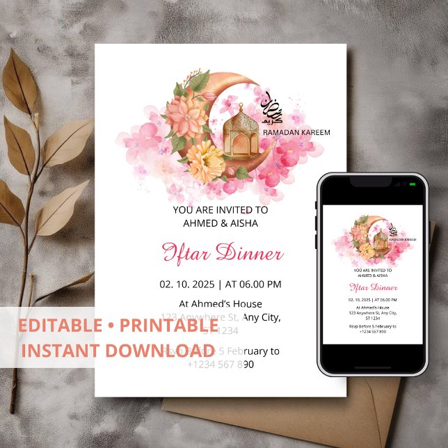 Dîner Iftar invitation ramadan aquarelle rose (Créateur téléchargé)