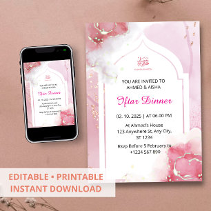 Dîner Iftar invitation ramadan aquarelle rose