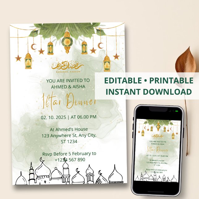 Dîner Iftar invitation ramadan aquarelle vert (Créateur téléchargé)
