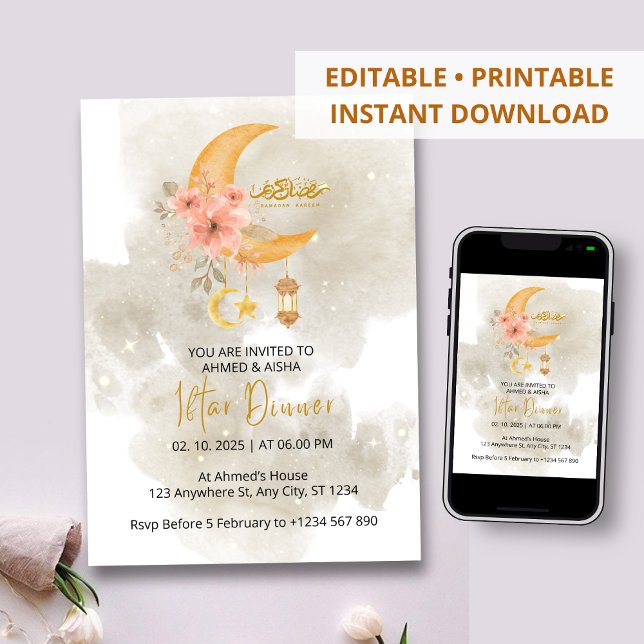Dîner Iftar invitation ramadan blanc aquarelle (Créateur téléchargé)