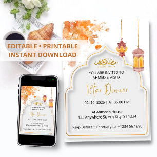 Dîner Iftar invitation ramadan orange aquarelle