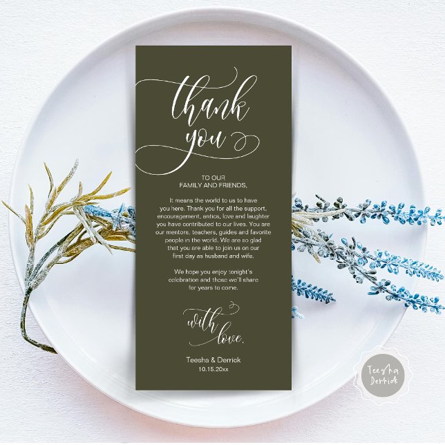 Dîner Lieu Cadre Merci, Carte Script moderne (Wedding Dinner Place Setting Thank You Card, Plate Decoration, Modern Script, in Olive Green)