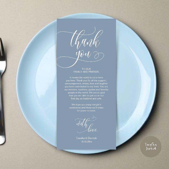 Dîner Lieu Cadre Merci, Carte Script moderne (Wedding Dinner Place Setting Thank You Card, Plate Decoration, Modern Script, in Dusty Blue)