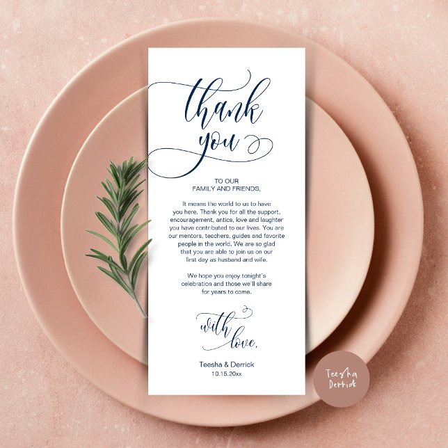 Dîner Lieu Cadre Merci, Carte Script moderne (Wedding Dinner Place Setting Thank You Card, Plate Decoration, Modern Script, in Navy Blue)