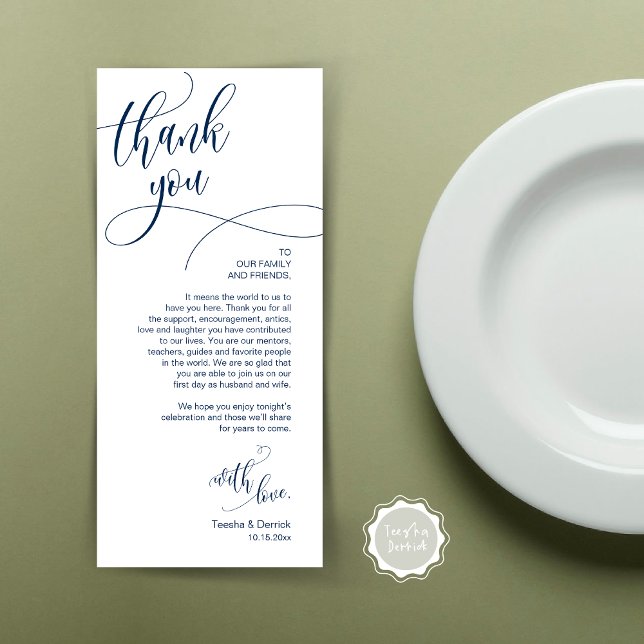 Dîner Lieu Cadre Merci, Carte Script moderne (Wedding Dinner Place Setting Thank You Card, Plate Decor, Modern Calligraphy, in Navy Blue)