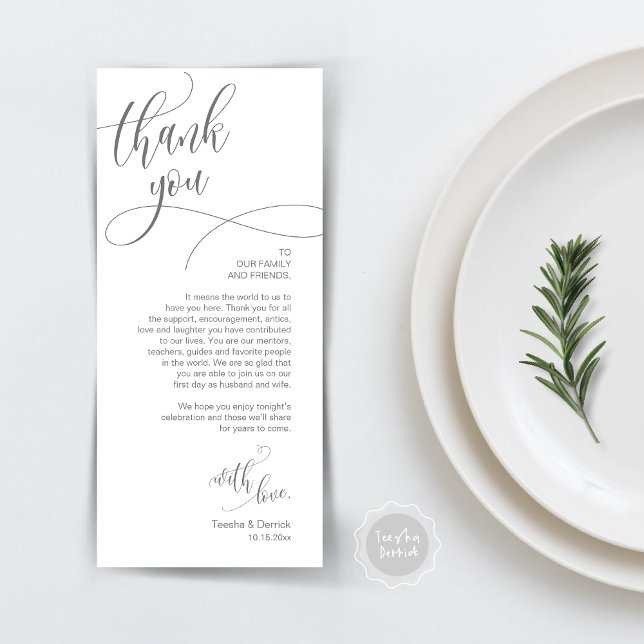 Dîner Lieu Cadre Merci, Carte Script moderne (Wedding Dinner Place Setting Thank You Card, Plate Decor, Modern Calligraphy, in Dark Grey)