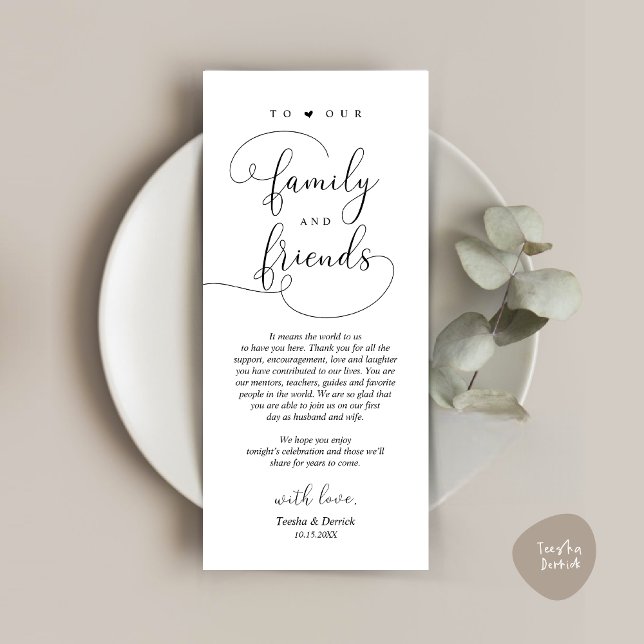 Dîner Lieu Cadre Merci Moderne Carte Élégante (Modern Romantic Script, Wedding Dinner Place Setting Thank You Card, in Black and White)