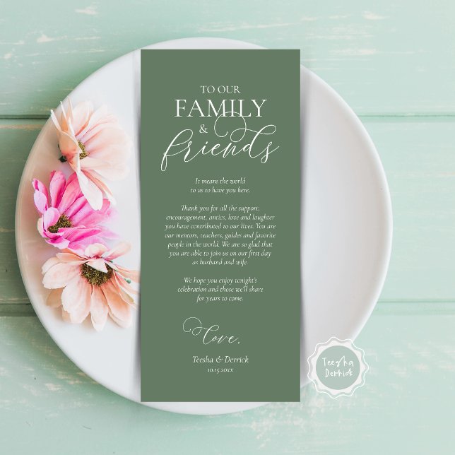 Diner Lieu Partir Merci Carte de calligraphie (Wedding Dinner Place Setting Thank You Card, Modern Romantic Script, Plate Decor, Forest Sage Green)