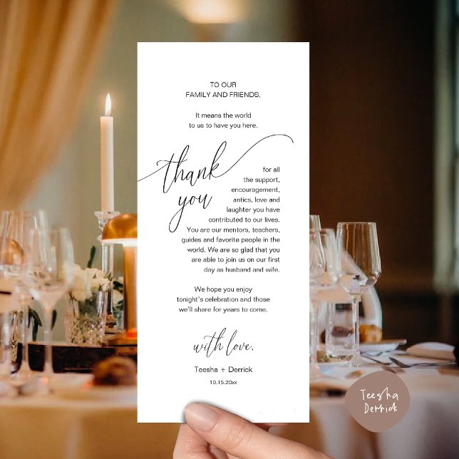 Dîner mariage Cadre Carte de remerciements moderne (Modern Wedding Dinner Brunch Place Setting Thank You Card romantic in aesthetic classy white black)