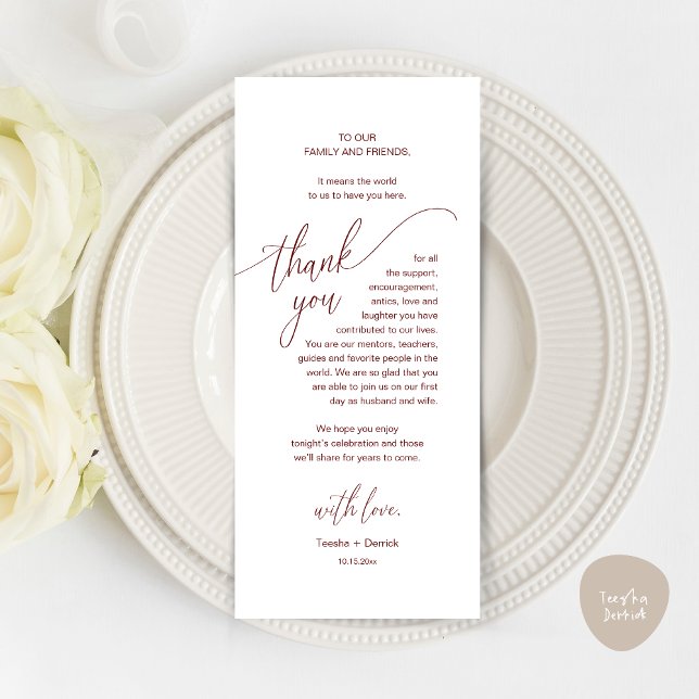 Dîner mariage Cadre Carte de remerciements moderne (Modern Wedding Dinner Brunch Place Setting Thank You Card romantic in aesthetic burgundy red)