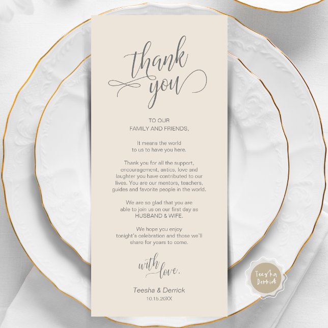 Dîner mariage, Cadre Remerciements Cartes (Wedding Dinner, Place Setting Thank You Card, in Modern Classy Script, Grey and Cream.)