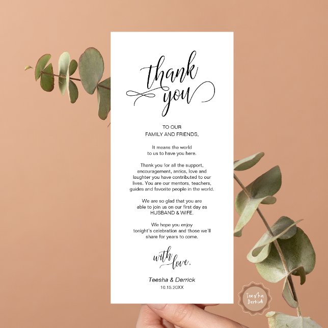 Dîner mariage, Cadre Remerciements Cartes (Wedding Dinner, Place Setting Thank You Card, in Modern Classy Script, Black and White.)