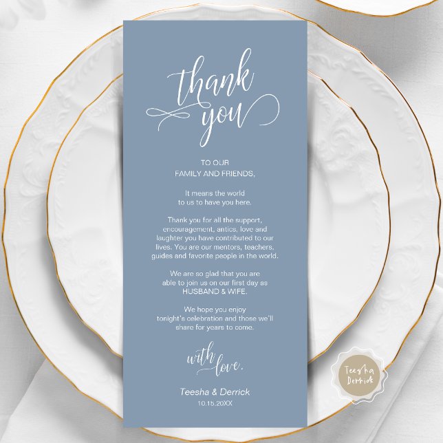 Dîner mariage, Cadre Remerciements Cartes (Wedding Dinner, Place Setting Thank You Card, in Modern Classy Script, Dusty Blue.)