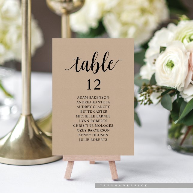 Dîner mariage, Carte Brown de sièges Kraft (Wedding Dinner or Brunch, Cottage Brown Kraft, Guest Seating Chart Card, with Table Number.)