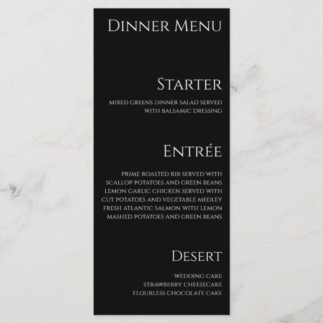 Dîner mariage et menu du bar-noir et blanc- (Devant)