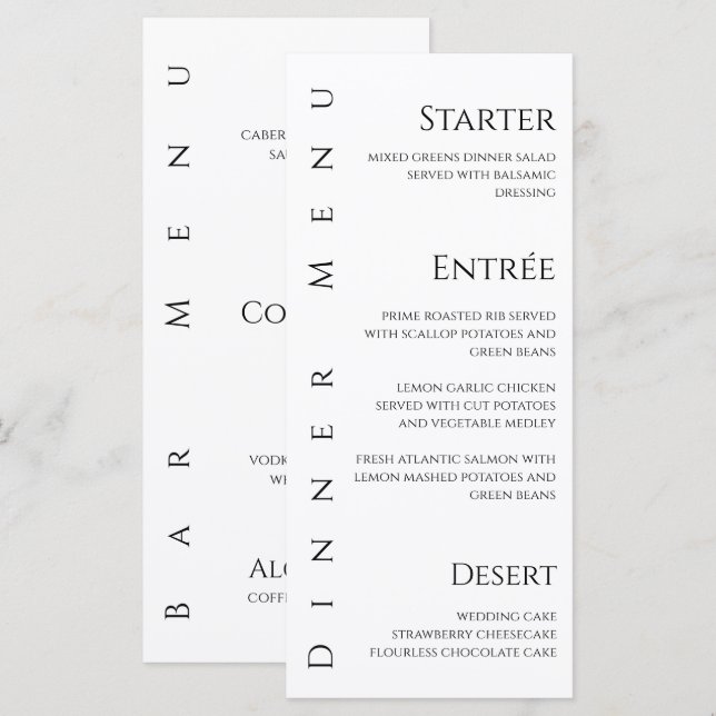 Dîner mariage et menu du bar-noir et blanc- (Devant / Derrière)