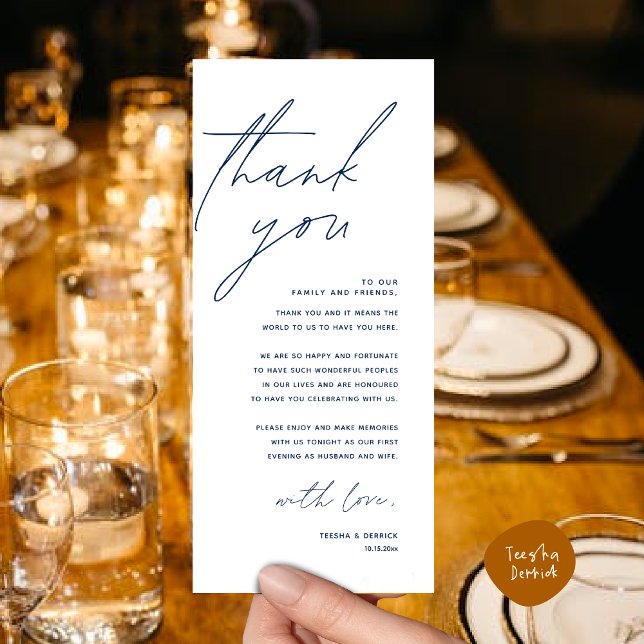 Dîner mariage Lieu Cadre Carte de remerciements (Romantic Wedding Dinner Lunch Brunch Party Place Setting Thank You Card in Classy Navy Blue)