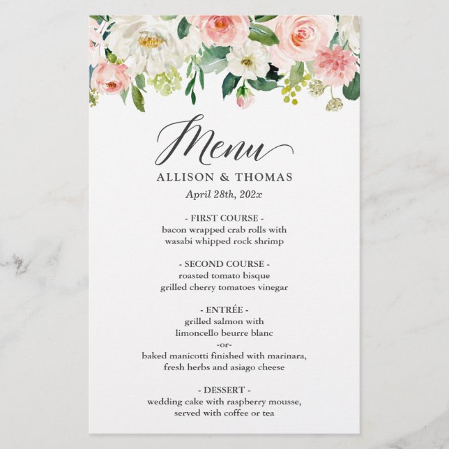 Dîner mariage Menu Chic Blush Rose Blanc Floral (Devant)