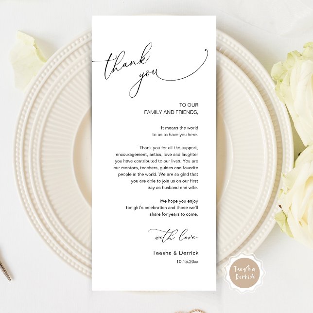 Dîner Mariage moderne Cadre Carte de remerciements (Modern Wedding Dinner Place Setting Thank You Card, Plate decor, in Black and White)