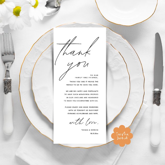 Dîner Mariage moderne Cadre Carte de remerciements (Modern Wedding Dinner Lunch Brunch Celebration Place Setting Thank You Card in Black White)