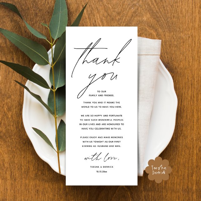 Dîner Mariage moderne Cadre Carte de remerciements (Modern Wedding Dinner Lunch Brunch Celebration Place Setting Thank You Card in Black White)