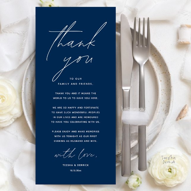 Dîner Mariage moderne Cadre Carte de remerciements (Modern Wedding Dinner Place Setting Thank You Card Reception Brunch Lunch in Navy Blue)