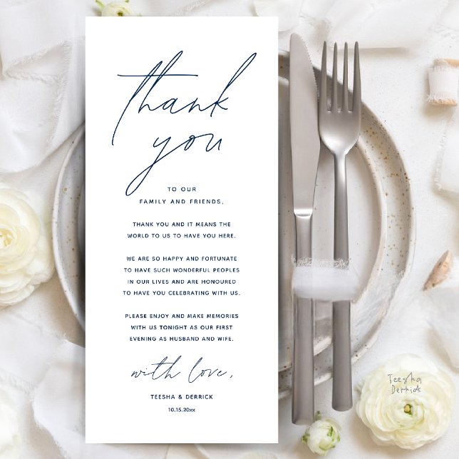 Dîner Mariage moderne Cadre Carte de remerciements (Modern Wedding Dinner Place Setting Thank You Card Reception Brunch Lunch in Navy Blue)