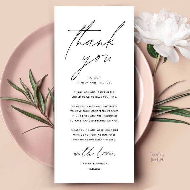 Dîner Mariage moderne Cadre Carte de remerciements (Modern Wedding Dinner Place Setting Thank You Card Reception Brunch Lunch in Black and White)