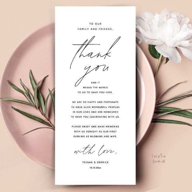 Dîner Mariage moderne Cadre Carte de remerciements (Modern Wedding Dinner Place Setting Thank You Card Reception Brunch Lunch in Black and White)