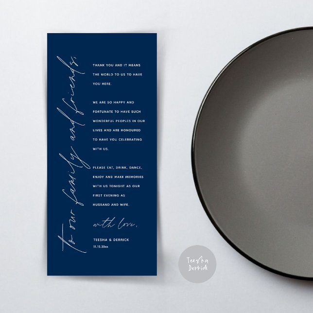 Dîner Mariage moderne Cadre Carte de remerciements (Wedding Dinner Place Setting Thank You Card, Modern Minimalist Script, in Navy Blue)
