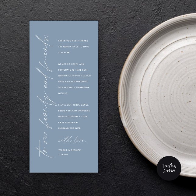 Dîner Mariage moderne Cadre Carte de remerciements (Wedding Dinner Place Setting Thank You Card, Modern Minimalist Script, in Dusty Blue)
