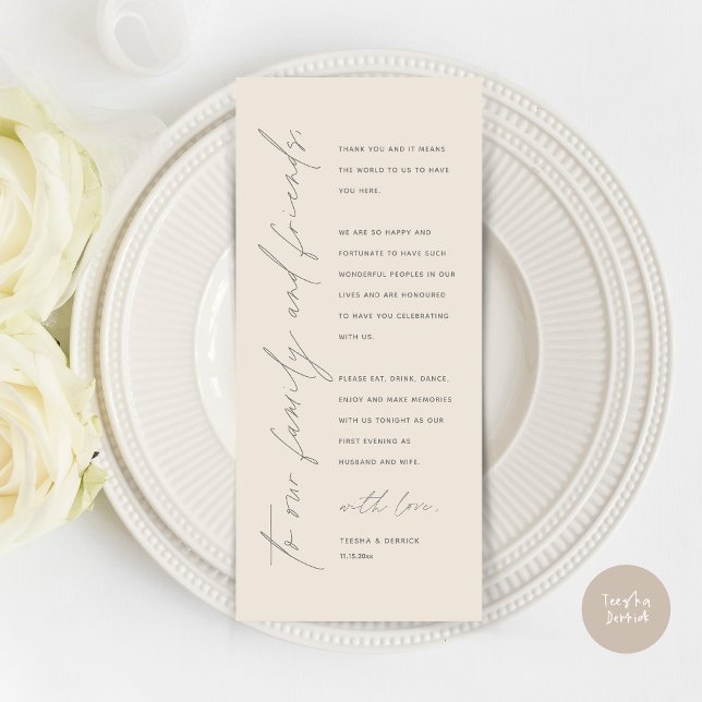 Dîner Mariage moderne Cadre Carte de remerciements (Wedding Dinner Place Setting Thank You Card, Modern Minimalist Script, in Cream and Grey)