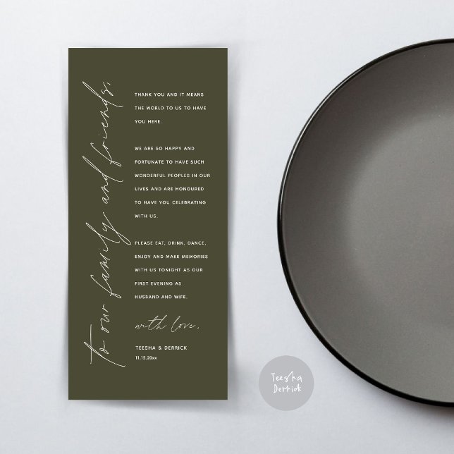 Dîner Mariage moderne Cadre Carte de remerciements (Wedding Dinner Place Setting Thank You Card, Modern Minimalist Script, in Olive Green)