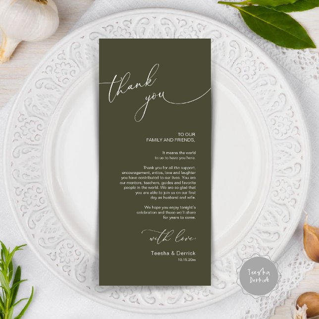 Dîner Mariage moderne Cadre Carte de remerciements (Modern Wedding Dinner Place Setting Thank You Card, in olive green)