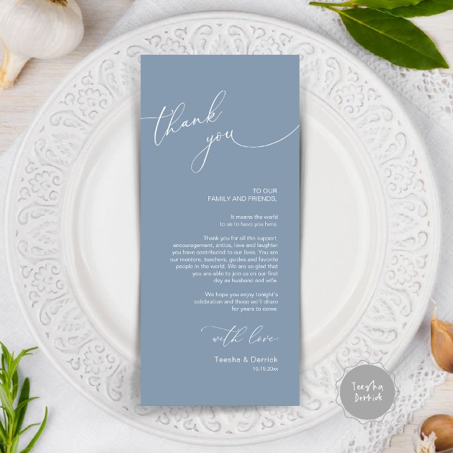 Dîner Mariage moderne Cadre Carte de remerciements (Modern Wedding Dinner Place Setting Thank You Card, in dusty blue)