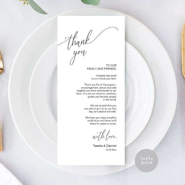 Dîner Mariage moderne Cadre Carte de remerciements (Modern Elegant Wedding Dinner Place Setting Thank You Card, in Black and White)