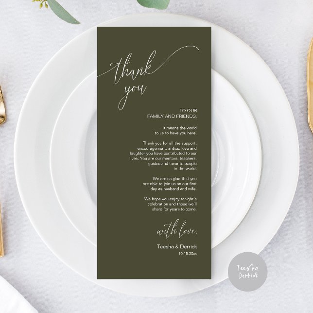 Dîner Mariage moderne Cadre Carte de remerciements (Modern Elegant Wedding Dinner Place Setting Thank You Card, in Olive Green)