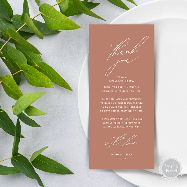 Dîner Mariage moderne Cadre Carte de remerciements (Modern Wedding Dinner Place Setting Thank You Card, Minimalist Terracotta Earthy Brown)