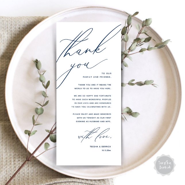 Dîner Mariage moderne Cadre Carte de remerciements (Modern Wedding Dinner Place Setting Thank You Card, Minimalist Navy Blue)