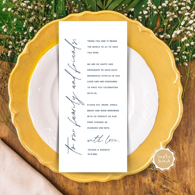 Dîner Mariage moderne Cadre Carte de remerciements (Modern Wedding Dinner Place Setting Thank You Card in Classy Navy Blue)