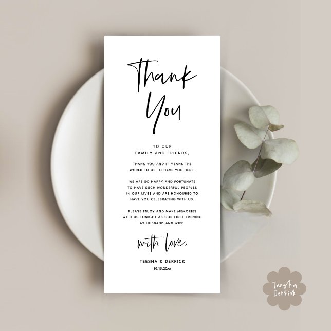 Dîner Mariage moderne Cadre Carte de remerciements (Welcome and Thanks, Modern Wedding Dinner Brunch Party Place Setting Thank You Card White Black)