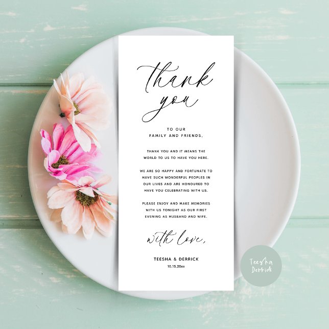Dîner Mariage moderne Cadre Carte de remerciements (Wedding Dinner Place Setting Thank You Card Modern Romantic Contemporary White Black)